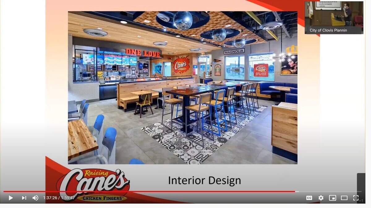 Most Raising Cane’s Chicken Fingers restaurants have a warehouse-style interior like this one, a screenshot of a presentation during a Clovis Planning Commission meeting. The national chain is seeking permission to open a location in Clovis.