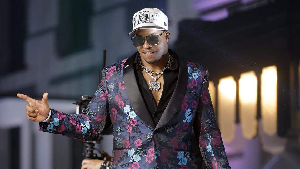 Tyree Wilson takes the stage after being selected seventh overall by the Las Vegas Raiders during the first round of the NFL Draft at Union Station on Thursday, April 27, 2023, in Kansas City, Missouri.