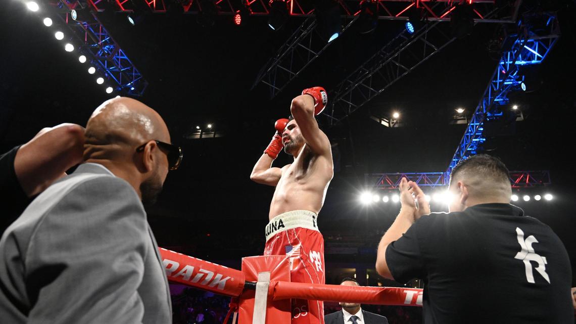 Jose Ramirez celebrates his unanimous decision victory over Jose Pedraza in their junior welterweight fight at the Save Mart Center on Friday, March 4, 2022.
