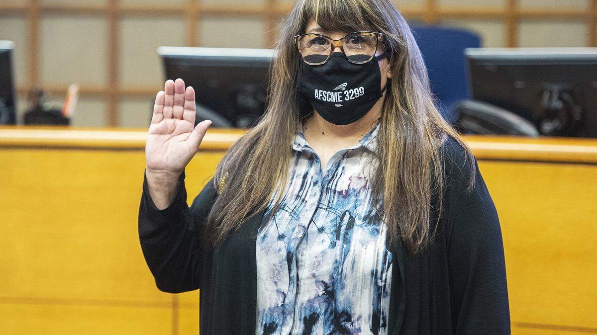 District 3 Merced City Councilmember Bertha A. Perez is sworn in during the Merced City Council meeting in Merced, Calif., on Monday, Dec. 7, 2020.