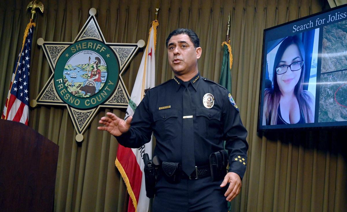 Selma Chief of Police Rudy Alvarez, who found Jolissa Fuentes’ crash site along Trimmer Springs Road on Monday, announced the news along with Fresno County Sheriff Margaret Mims and surrounded by family members, at a press conference Tuesday, Oct. 11, 2022. Fuentes, who had been missing for more than 2 months, appears to have been involved in a solo vehicle crash along Trimmer Springs Road on the north side of Pine Flat Lake said Alcaraz.