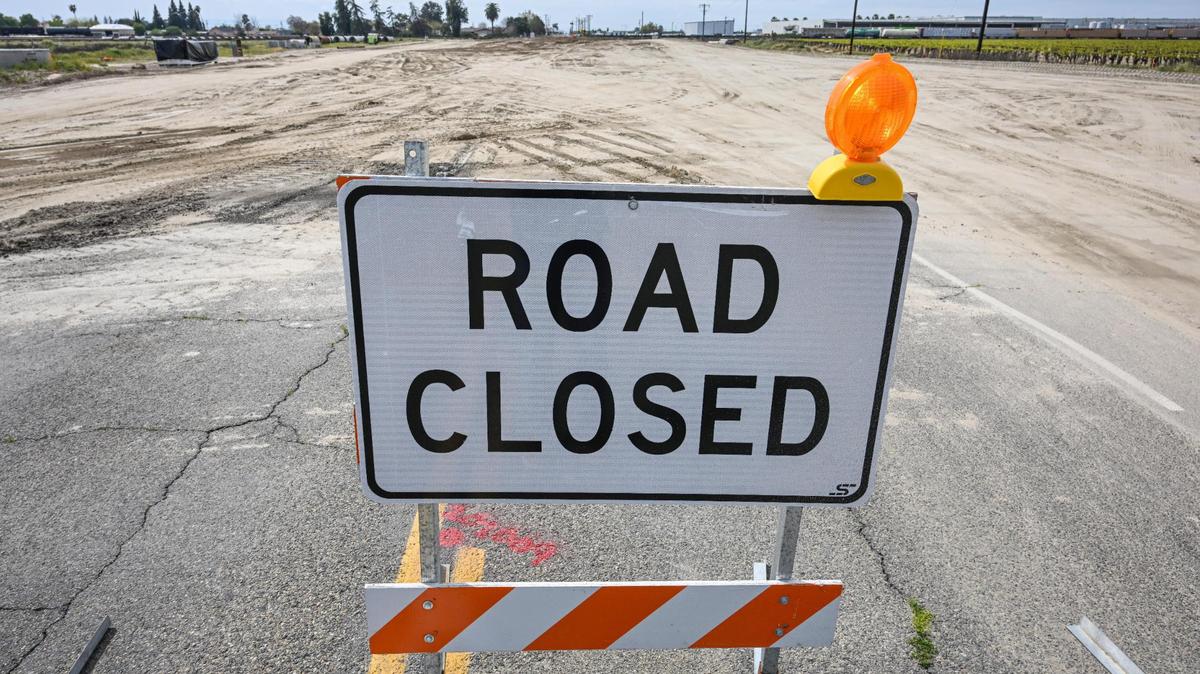 Manning Avenue between Chance and Maple avenues south of Fresno will be closed through March 2026 for construction of a California High Speed-Rail overpass above the the existing BNSF Railway freight tracks and future high-speed rail line.