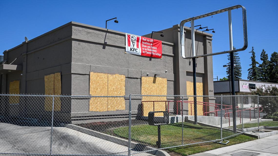 The KFC on West Avenue north of Dakota Avenue is shown boarded up and closed on Monday, July 22, 2025. It’s one more than 12 restaurants and stores that have closed over the last few months.