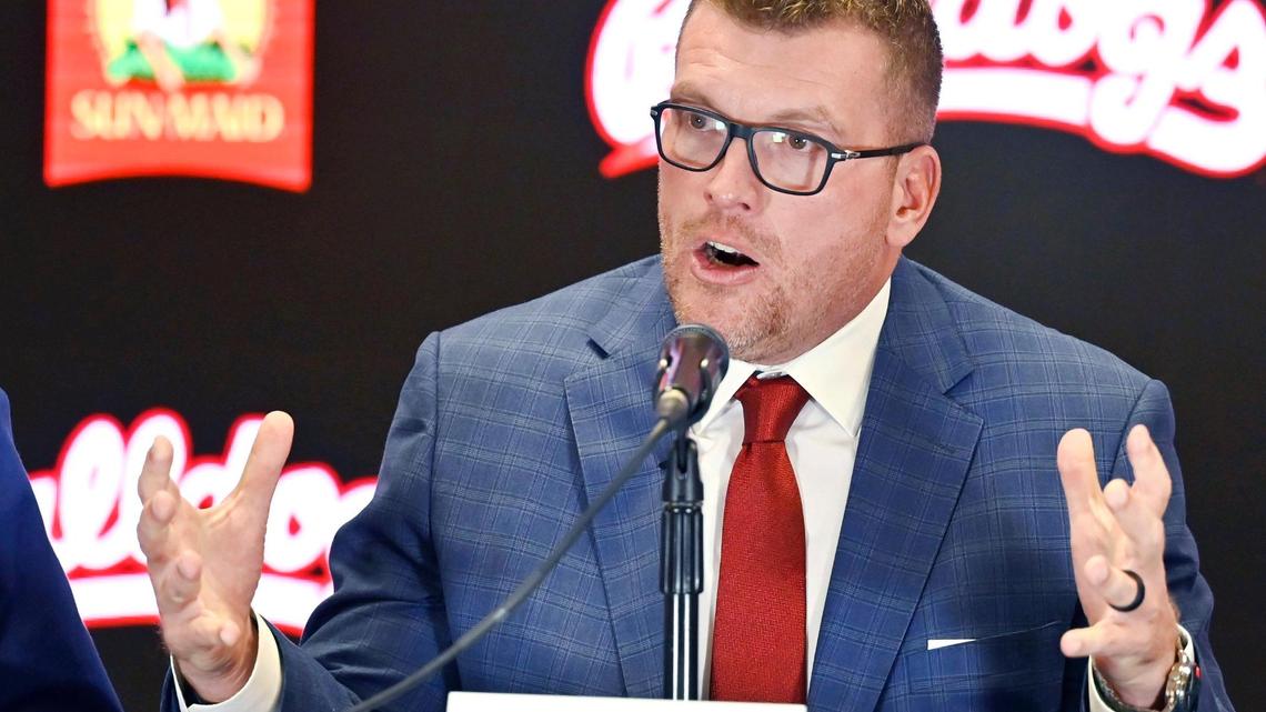 Matt Entz, introduced as Fresno State’s new head coach for mens football, answers question at a press conference Thursday, Dec. 5, 2024 in Fresno.
