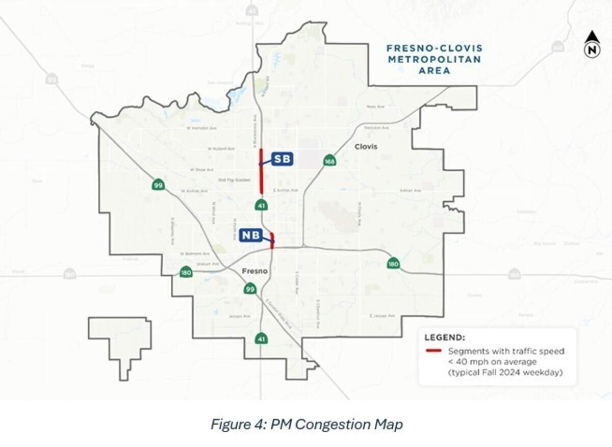 An image contained in the report for the Fresno-Clovis Metropolitan Area Managed Lanes Study shows where traffic slows on Highway 41 in the afternoons.