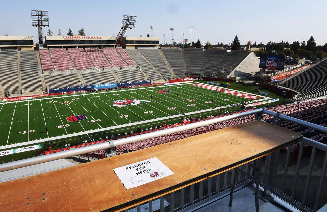 Spaces reserved for media shown along the concourse at Bulldog Stadium as Fresno State prepares to play Hawai’i’ Saturday, Oct. 24, 2020 in Fresno.