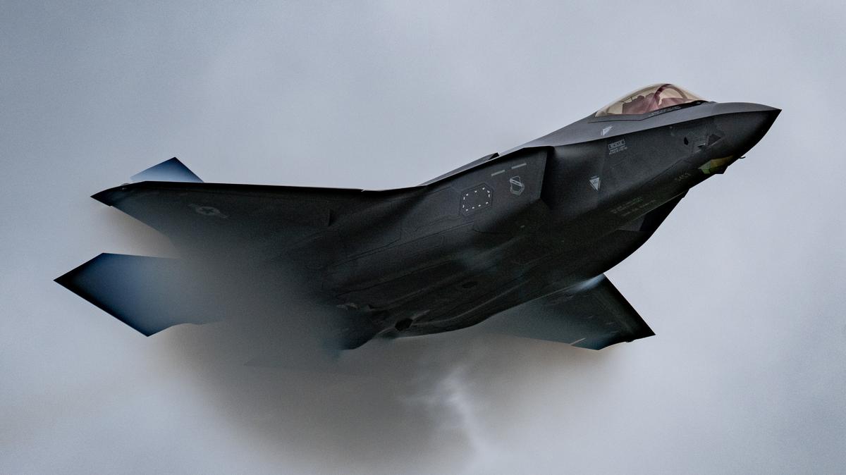 A U.S. Air Force F-35A Lightning II fighter jet piloted by Maj. Kristin Wolfe approaches Mach 1, the sound barrier, during an air show in Oregon in May 2022.