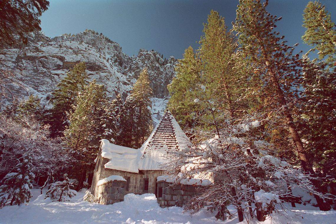 The LeConte Memorial in Yosemite Valley is cloaked in snow on Feb. 8, 1990.