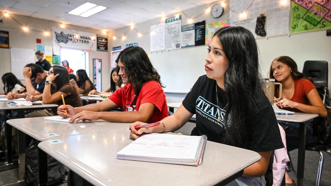 Orange Cove High School junior Gabby Sanchez works in her math classroom on solving equations on Tuesday, Aug. 20, 2024. She is taking part in the Bulldog Bound program to achieve college-entry requirements so that she can enter Fresno State’s nursing program.