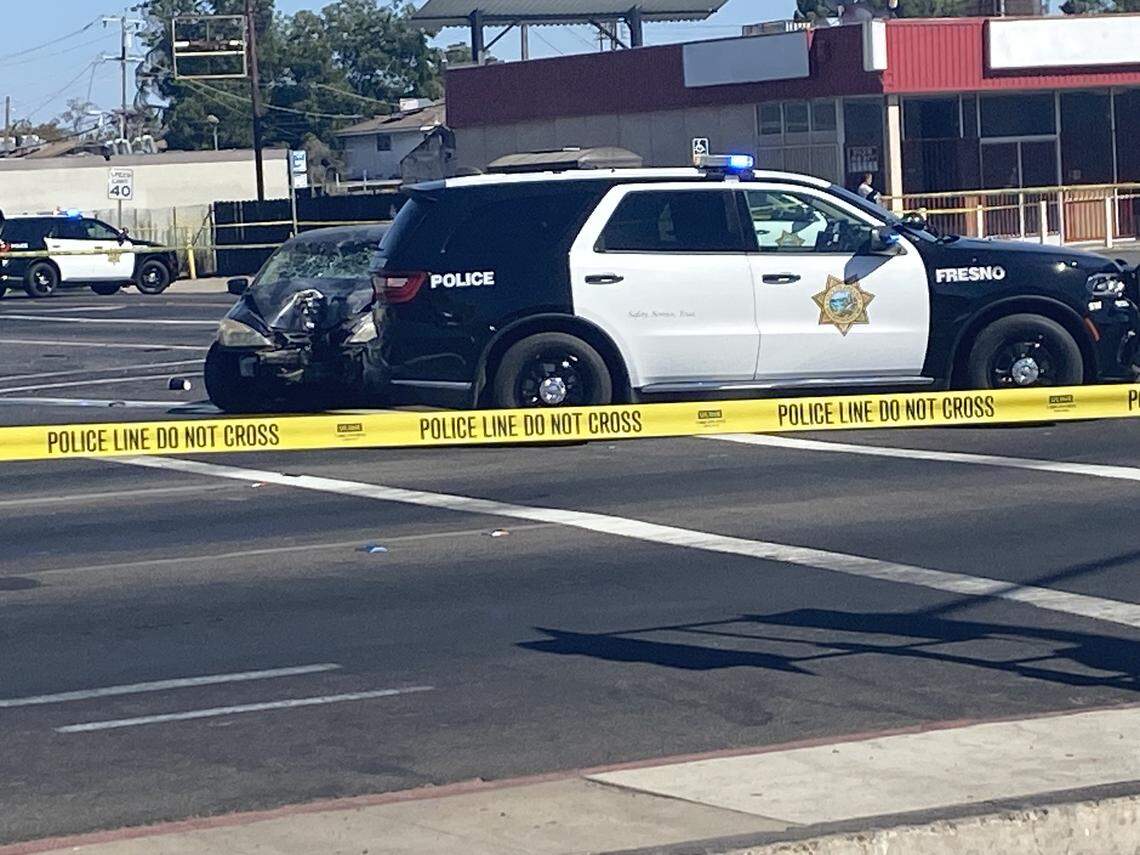 A pedestrian was struck and killed by a suspected DUI driver while walking on a sidewalk at Olive and First in Fresno, California Sunday, Aug. 17, 2025.
