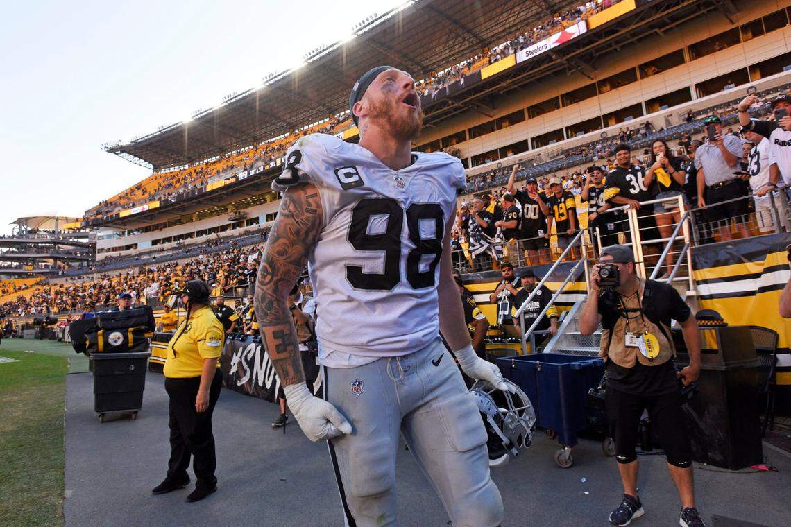 Las Vegas Raiders defensive end Maxx Crosby celebrates as he heads to the locker room following an NFL football game against the Pittsburgh Steelers on Sunday, Sept. 19, 2021, in Pittsburgh.