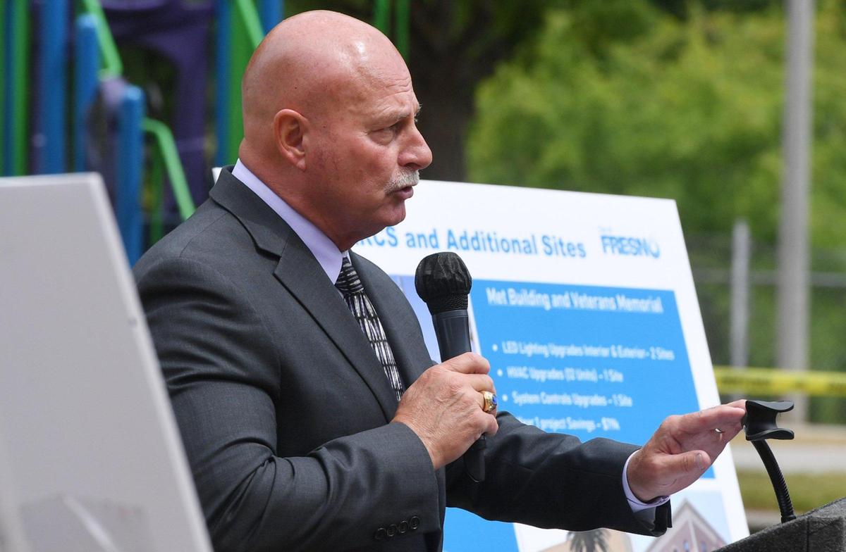 Fresno mayor Jerry Dyer announces a comprehensive city-wide project which includes energy saving upgrades at city parks and public safety facilities which will save the city over $22.6 million over the next 20 years. The press conference, held along with city councilperson Luis Chavez and other dignitaries and with Alliance Building Solutions, Inc. was held at Sunnyside Park Tuesday, April 26, 2022 in Fresno.