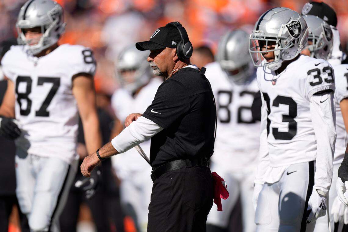 Las Vegas Raiders interim head coach Rich Bisaccia against the Denver Broncos during the first half of an NFL football game, Sunday, Oct. 17, 2021, in Denver.