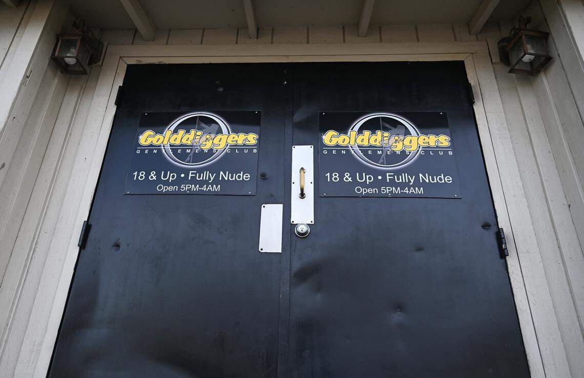 The front doors of Golddiggers Gentlemens Club, photographed Monday, Jan. 5, 2026 south of Fresno.