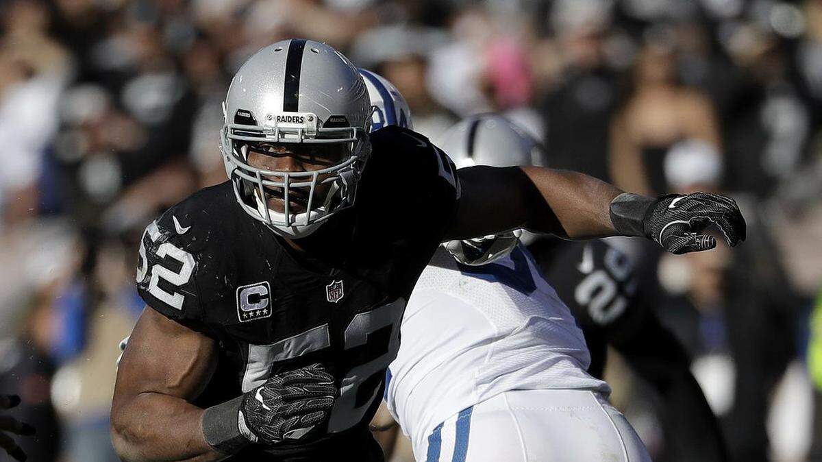 Oakland Raiders’ Khalil Mack hasn’t reported to training camp and the team will likely break camp without its star defensive end. The Raiders break camp on Thursday, Aug. 16, 2018 and will return to Alameda after their preseason game against the Los Angeles Rams on Saturday, Aug. 18, 2018.