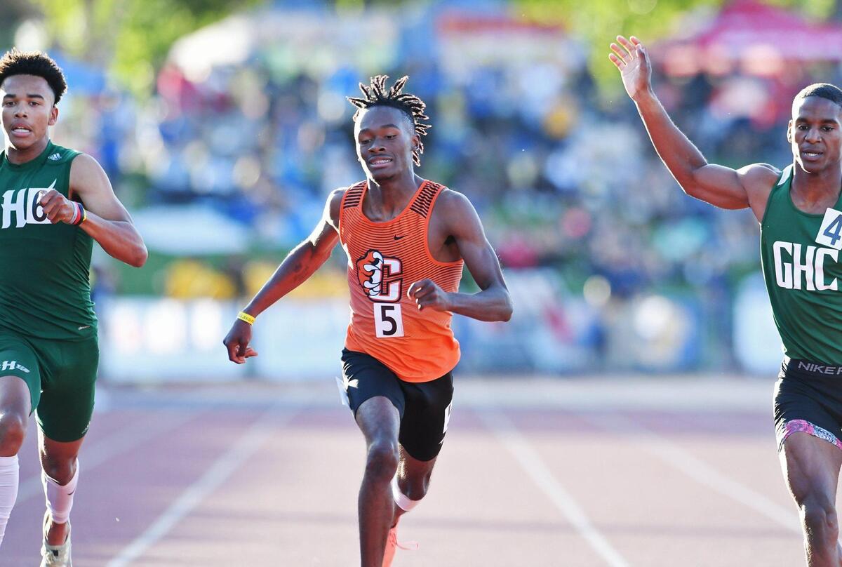 Central’s Jeremiah Walker crosses the finish line placing first in the Boys 400m Dash at the CIF State Track and Field Championship finals Saturday, May 28, 2022 in Clovis.
