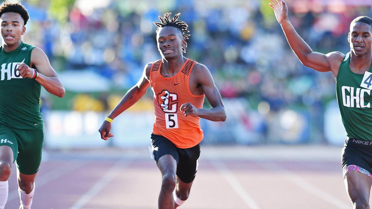 Central’s Jeremiah Walker crosses the finish line placing first in the Boys 400m Dash at the CIF State Track and Field Championship finals Saturday, May 28, 2022 in Clovis.