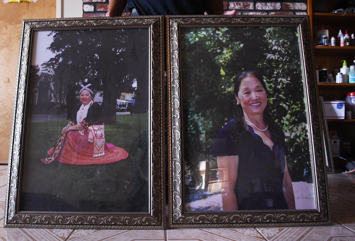 Chongge Vang’s wife My Her Vang, shown in two framed photos at his home Wednesday, July 24, 2019 near Sanger. My Her died last year, worsening Vang’s depression.