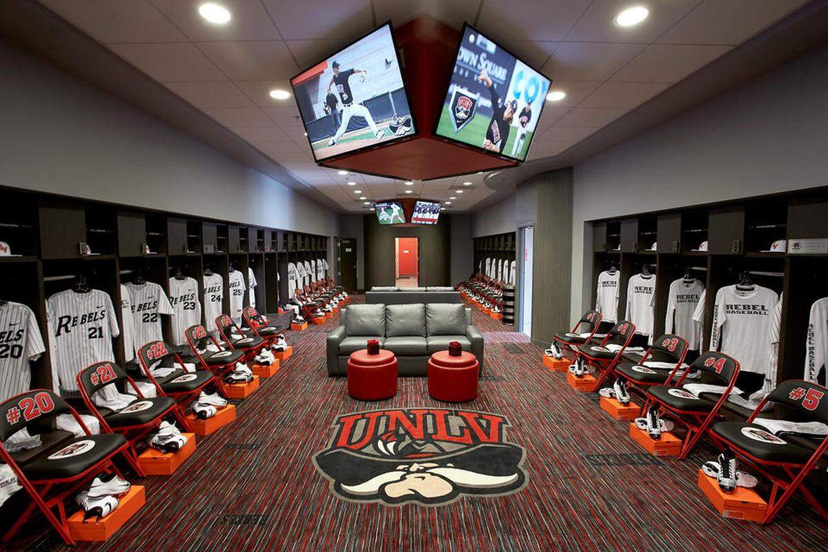 The Anthony and Lyndy Marnell III Baseball Clubhouse at UNLV, which opened in 2016 at a cost of $2.75 million, includes a spacious home locker room, coaches' offices, a training area and a second-floor viewing deck.