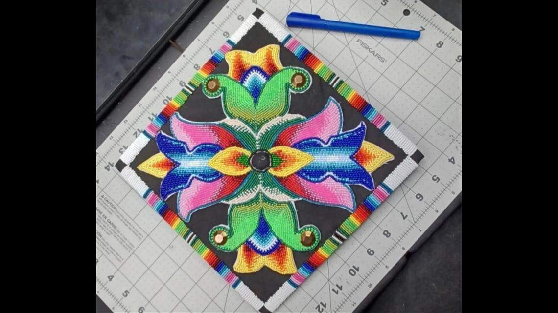 This cap was hand-beaded by members of the Warm Springs Tribe in Oregon and family members of a 16-year-old Hanford Online Charter High School’s senior. The school district, Hanford Joint Union High School District, initially didn’t let the student wear the cap until it authorized all senior class students to decorate their caps too.