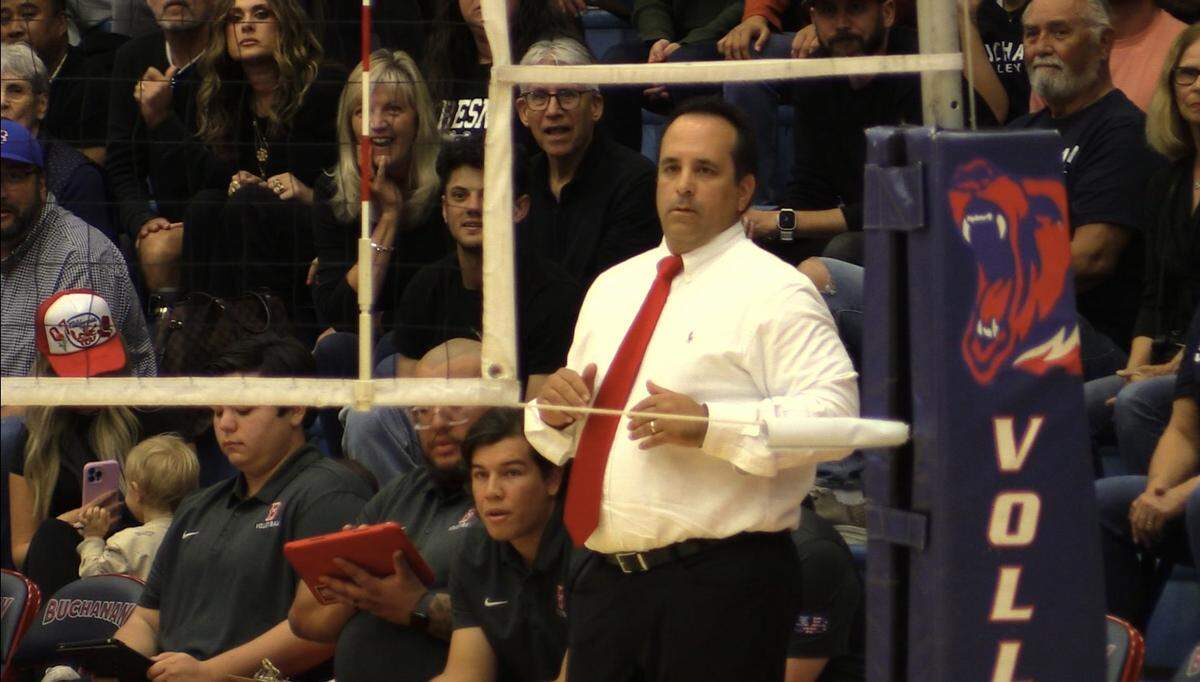 Buchanan High girls volleyball coach John Jay looks on during the Central Section Division I championship on Thursday, Nov. 2, 2023.