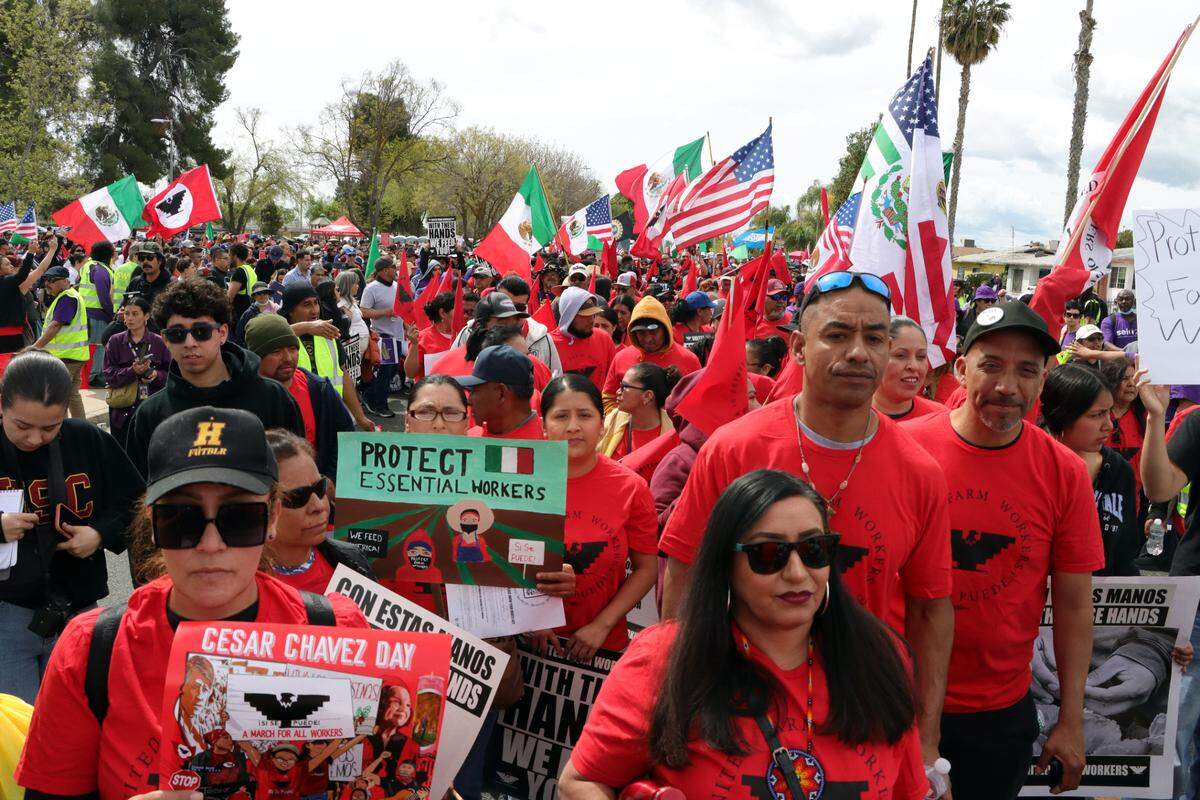 The United Farm Workers estimated 7,000 members and supporters marched three miles from Delano to Forty Acres on what would have been UFW founder César E. Chávez’s 98th birthday on March 31, 2025.