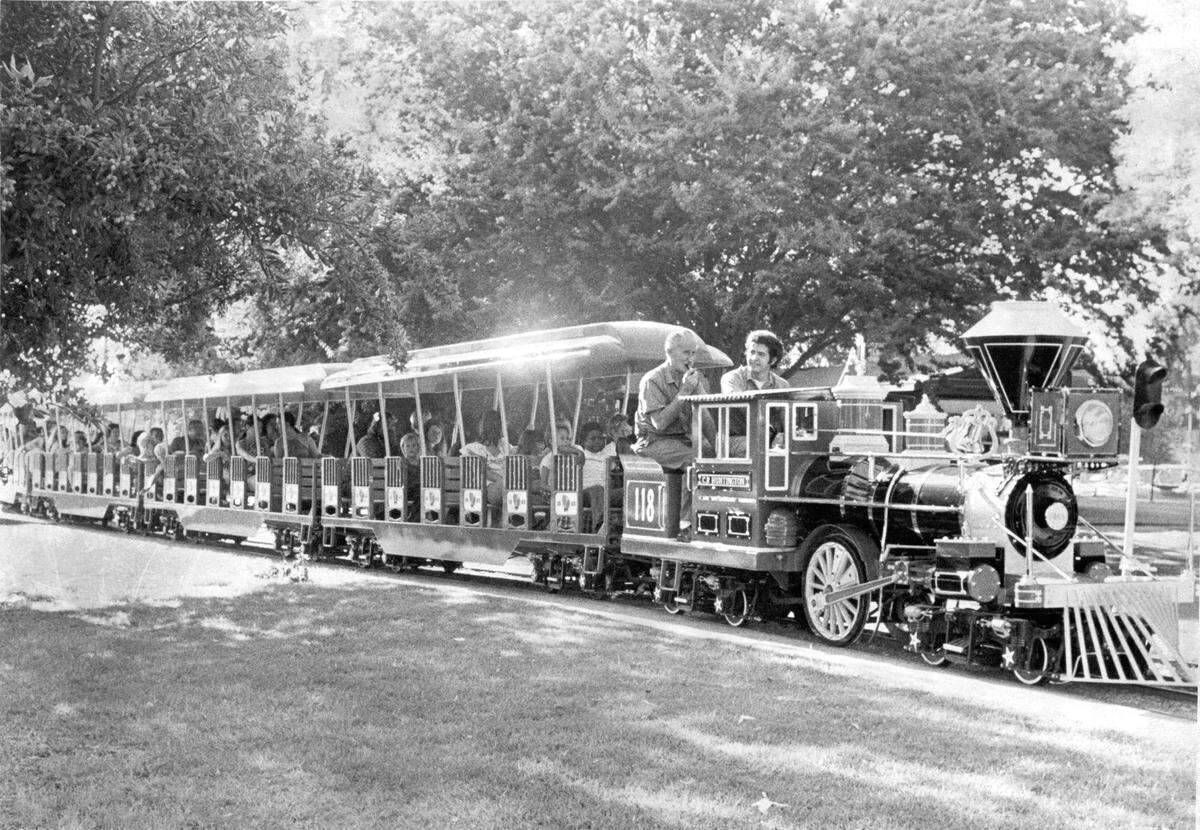 Something New At Playland The newest attraction at Rotary Playland in Roeding Park is this replica of the 1863 C.P. Huntington locamotive and six coaches will now be able to carry 84 passengers, more than double the seating available before. PUB: 9/7/1974