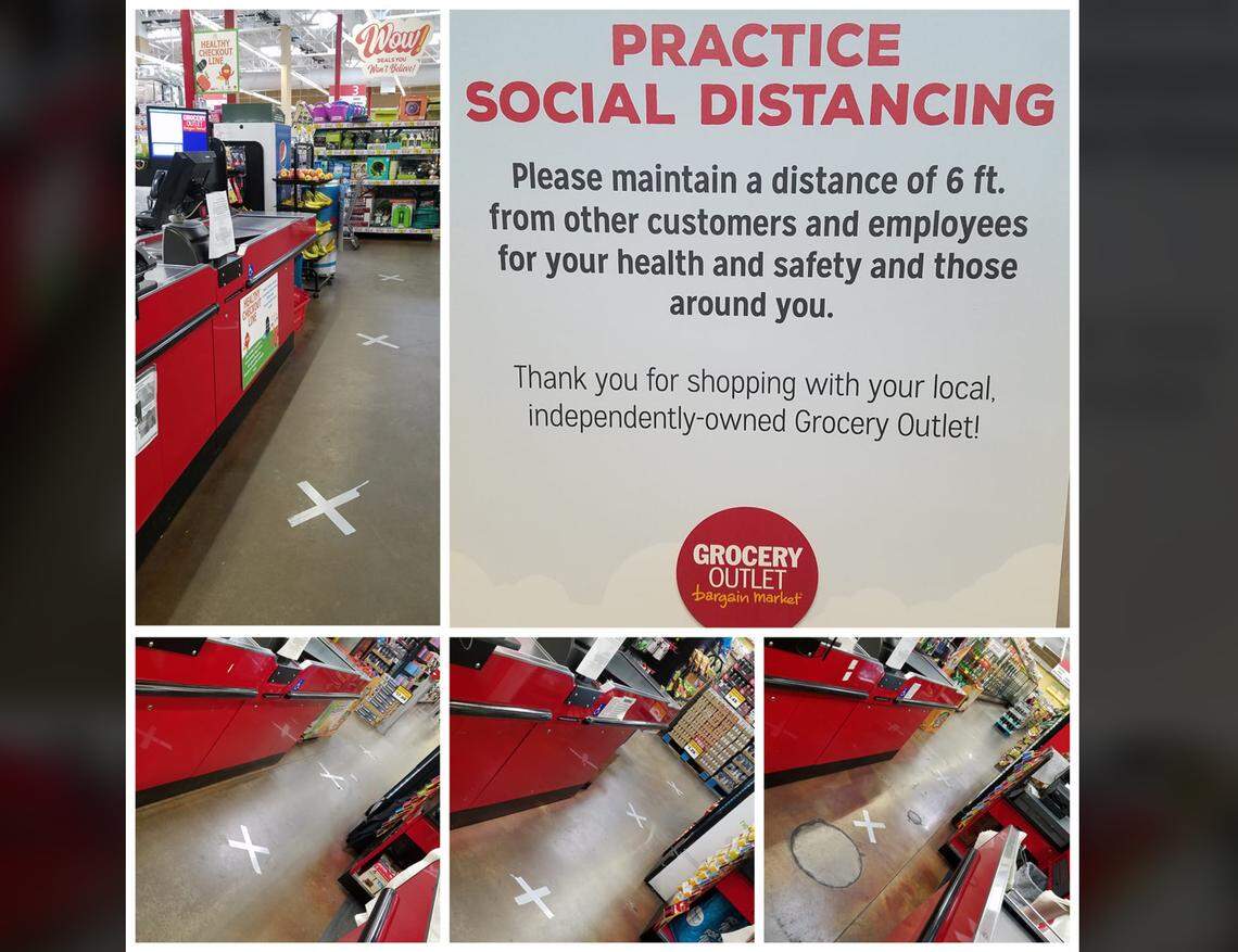 The downtown Grocery Outlet and other stores are marking places in line on the so customers can stand 6 feet away from each other.