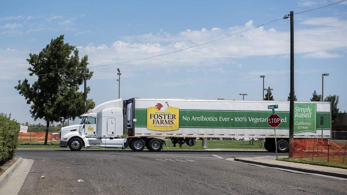 A truck drives along Swan Street near Foster Farms Inc., located at 1000 Davis Street in Livingston, Calif., on Sunday, Aug. 16, 2020.