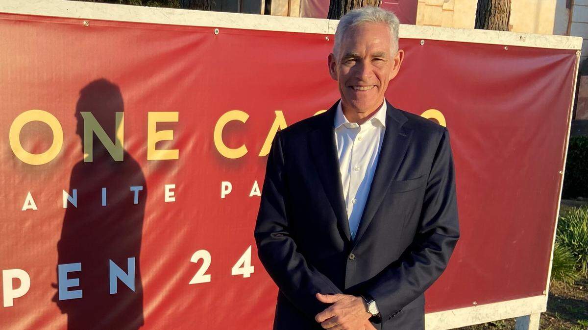 Congressional candidate and cardroom owner Kyle Kirkland stands outside the Club One Casino in Fresno, California, on January 30, 2024. Kirkland is a Republican running in CD 20 to replace former House speaker Kevin McCarthy.