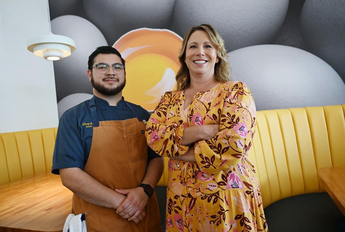 Co-owner Falina Marihart, right with sous chef Cruz Chavez, left, at Yolked Kitchen, which offers high-end classic breakfast and lunch items as well inventive drinks.
