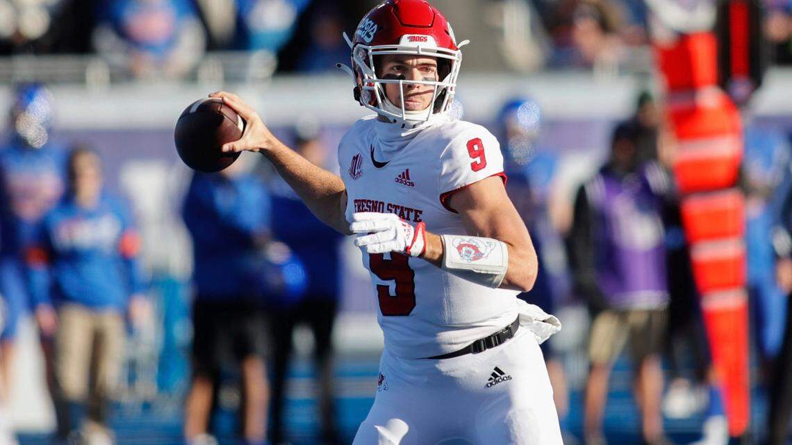 Fresno State quarterback Jake Haener looks to pass the ball against Boise State during the first half of a college football game for the Mountain West championship, Saturday, Dec. 3, 2022, in Boise, Idaho.