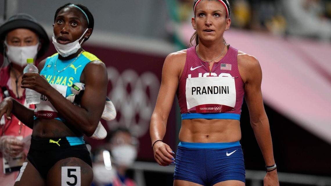 Jenna Prandini, of the United States, reacts after her semifinal of the women’s 200-meters at the 2020 Summer Olympics, Monday, Aug. 2, 2021, in Tokyo. (AP Photo/Petr David Josek)