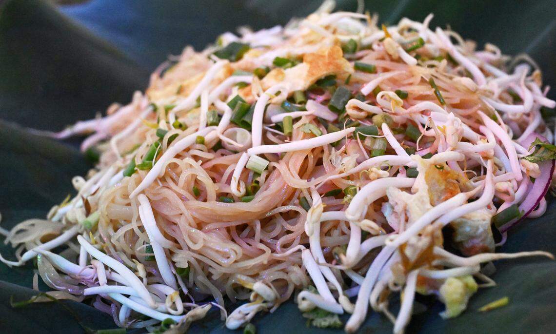 Pad Thai Noodles with egg is served at Lotus Pond and Night Market which opened earlier this year celebrating the lotus flower and communit. The night market offering food and drink vendors, music, karoake and more is located between Fresno and Sanger. Photographed Friday night, Oct. 10, 2025 near Sanger.