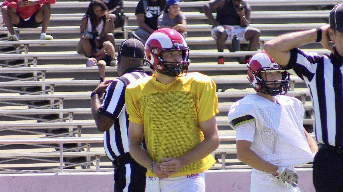 Fresno City College quarterback Alec Trujillo looks on during a recent scrimmage.
