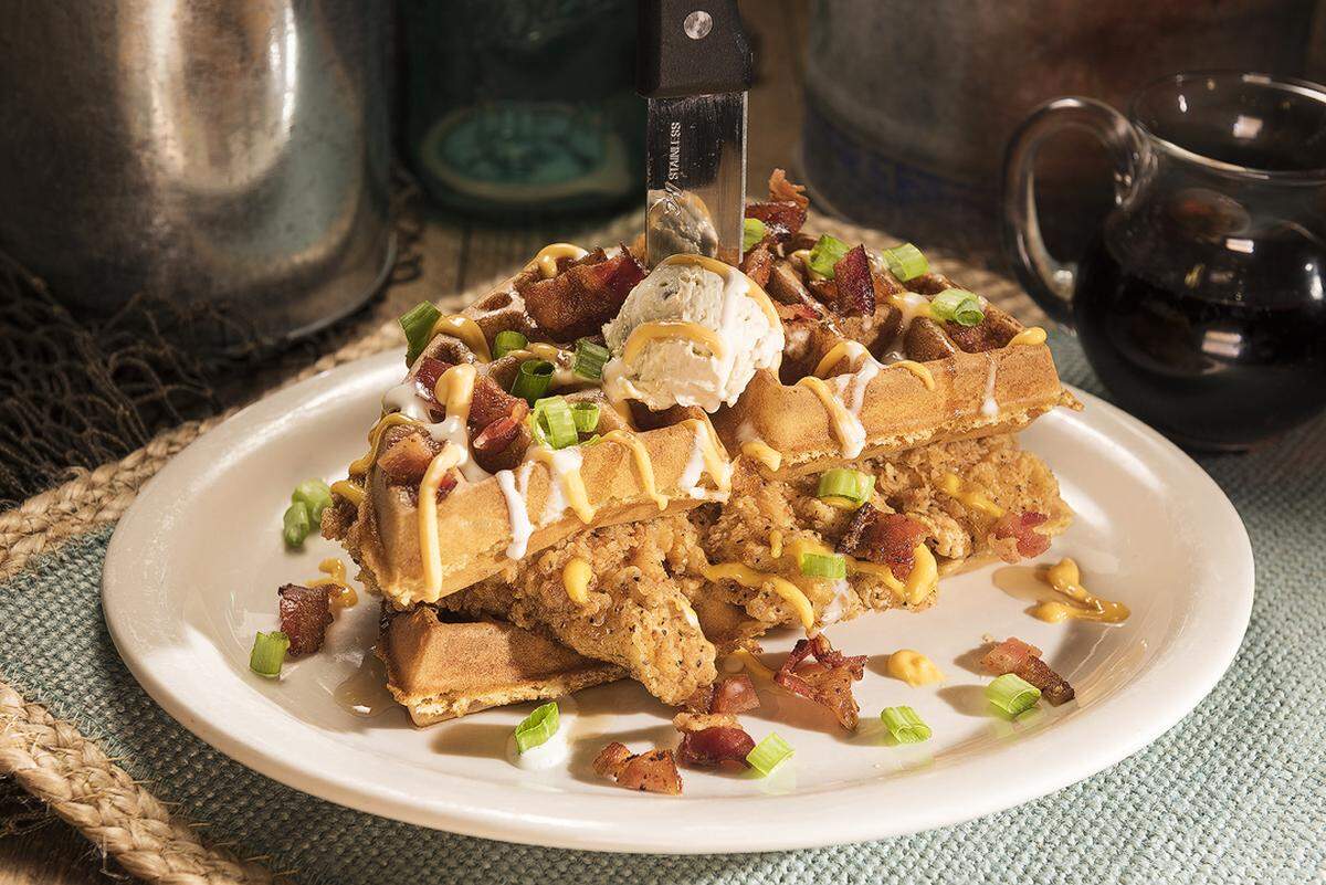 Huckleberry’s stacked chicken and waffles is on the menu at the breakfast and lunch restaurant and is one of the most popular dishes on the menu.