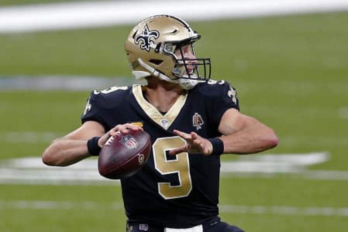ew Orleans Saints quarterback Drew Brees (9) passes in the first half of an NFL football game against the Tampa Bay Buccaneers in New Orleans, Sunday, Sept. 13, 2020.