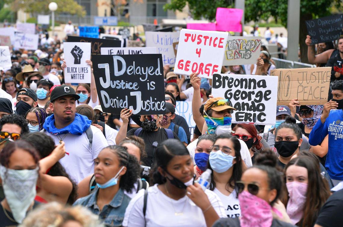 Marchers fill Mariposa Mall in front of the Fresno Police Department on Sunday, May 31, 2020, in protest of the death of George Floyd in Minneapolis.