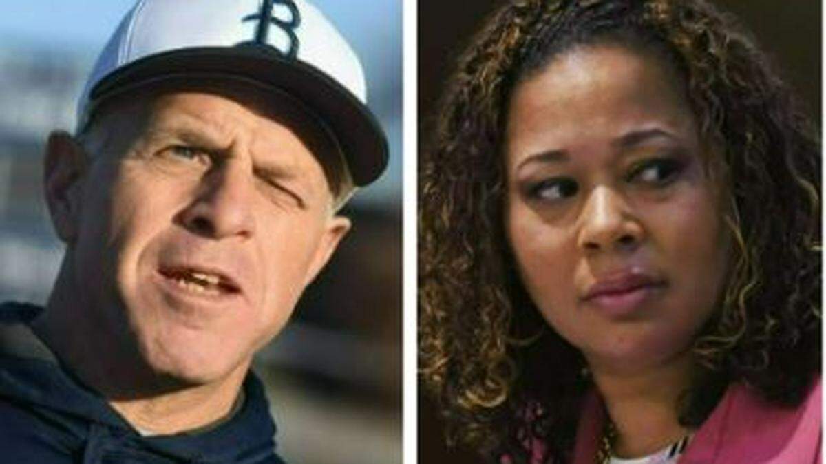 Bullard High football coach Don Arax, left, and FUSD trustee Keshia Thomas, right, are shown.