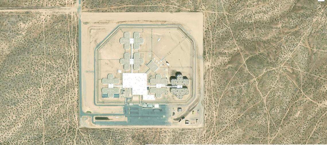 Screenshot of a satellite image of the 70-acre, 2,560-bed California City Immigration Processing Center, a recently opened ICE detention facility owned and managed by CoreCivic.