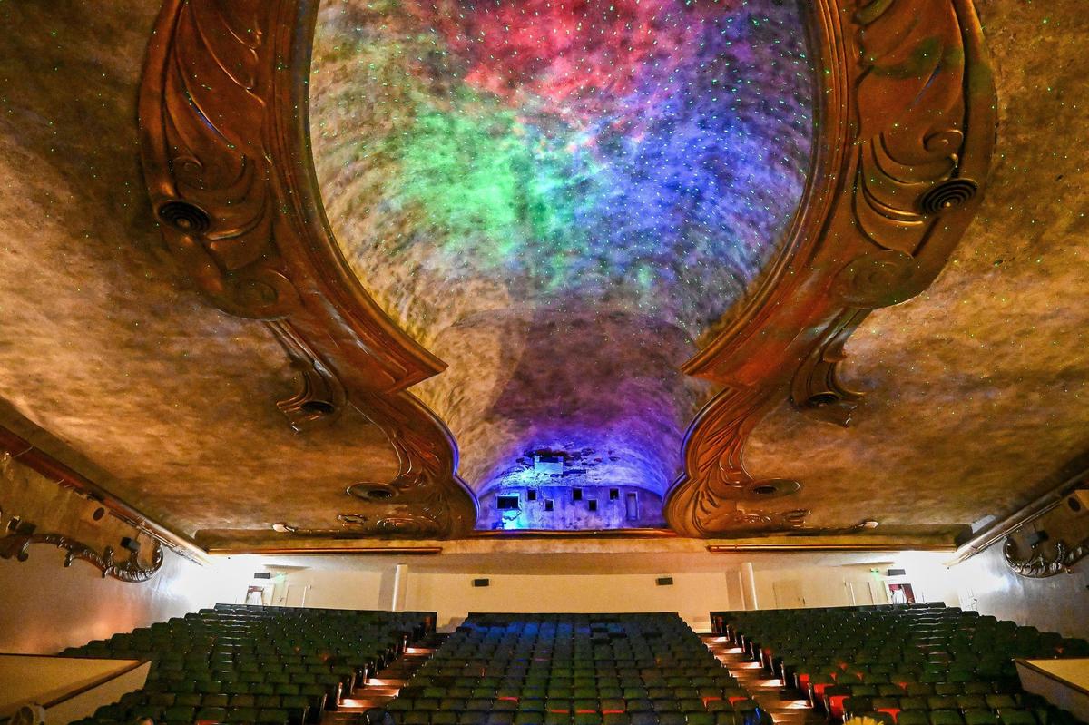 Laser lights cover the ceiling of the Historic Crest Theatre on Broadway Plaza in downtown Fresno. Built in 1949, the Art Deco-style theatre is family-owned and hosts musicals, films, concerts as well as other public and private events. Owners are currently raising money through GoFundMe to replace the air conditioning unit that failed during the pandemic.