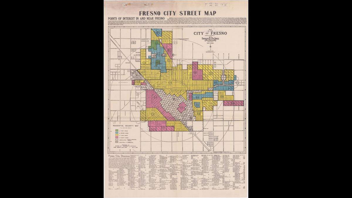 A real estate map of Fresno that shows red-lined areas where Black, Asian and Latino people were intended to live.