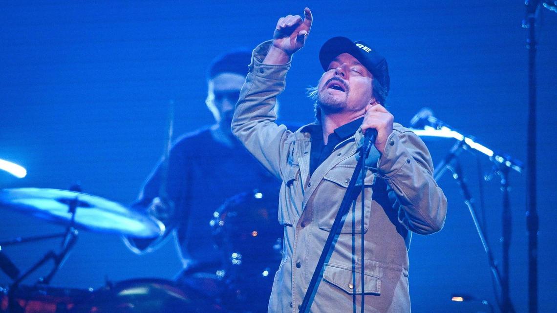 Eddie Vedder of Pearl Jam performs with the band during their North American tour stop at the Save Mart Center in Fresno on Monday, May 16, 2022.