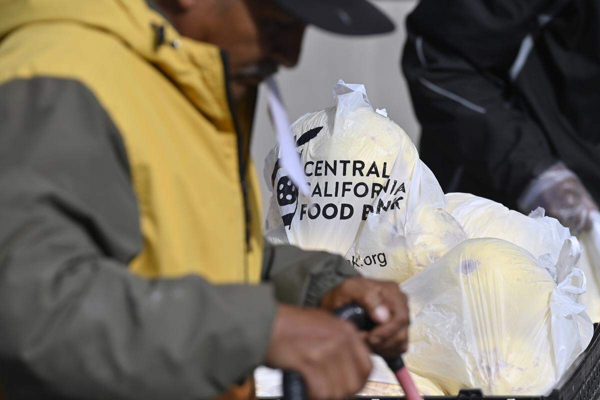 Bags of squash are seen provided by the Central California Food Bank during a food distribution event held at Saint Rest Baptist Church Thursday, Nov. 6, 2025 in West Fresno.