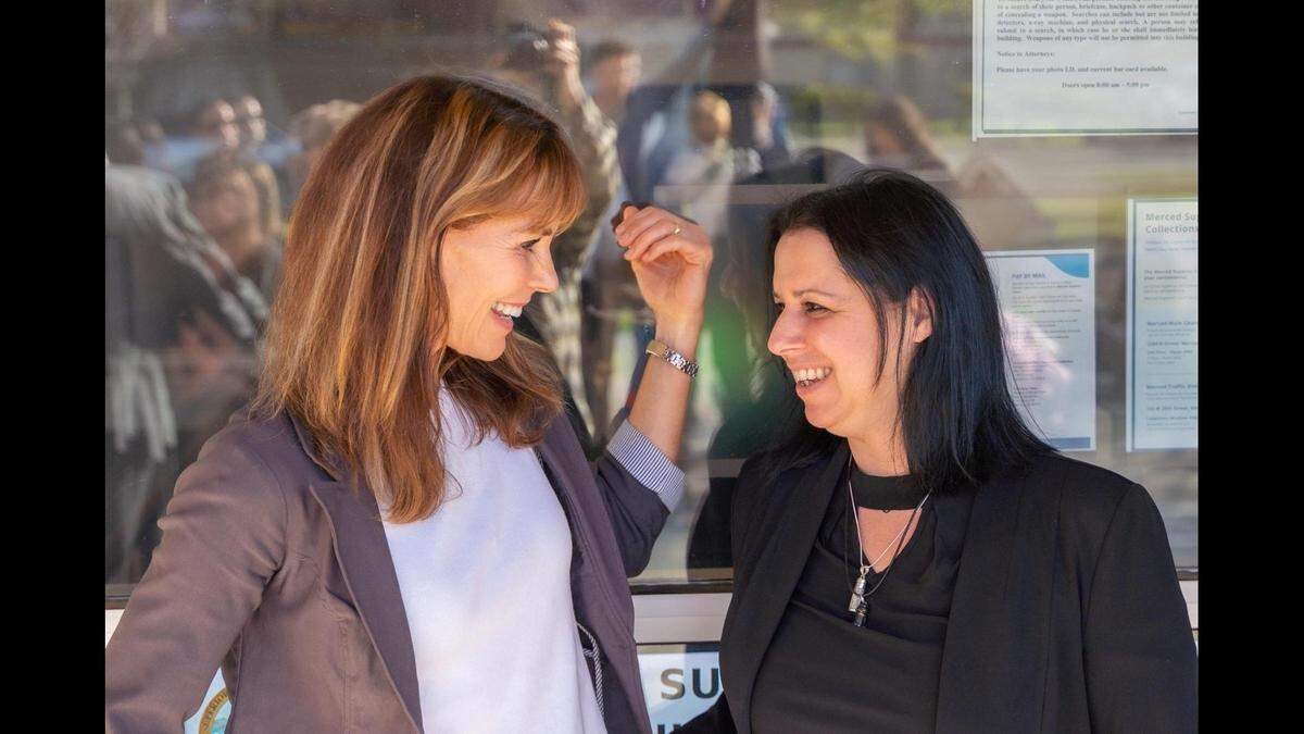 Defendants Alexandra Paul and Alicia Santurio outside the Merced County Superior Court in March 2023.