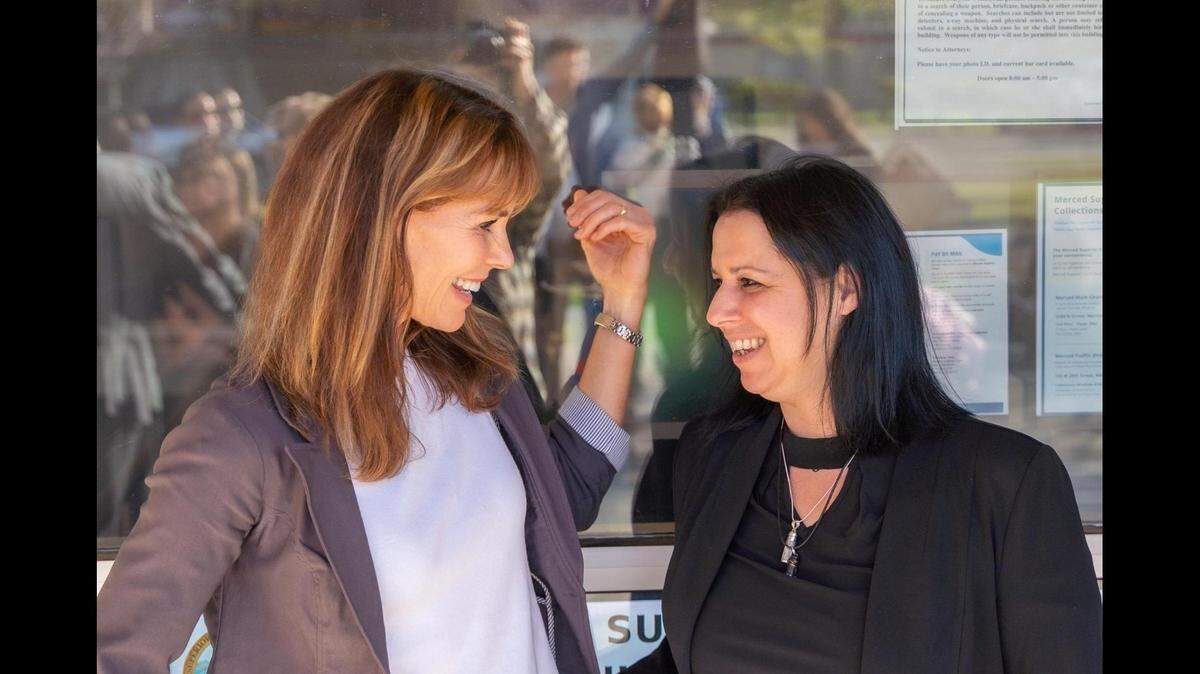 Defendants Alexandra Paul and Alicia Santurio outside the Merced County Superior Court in March 2023.