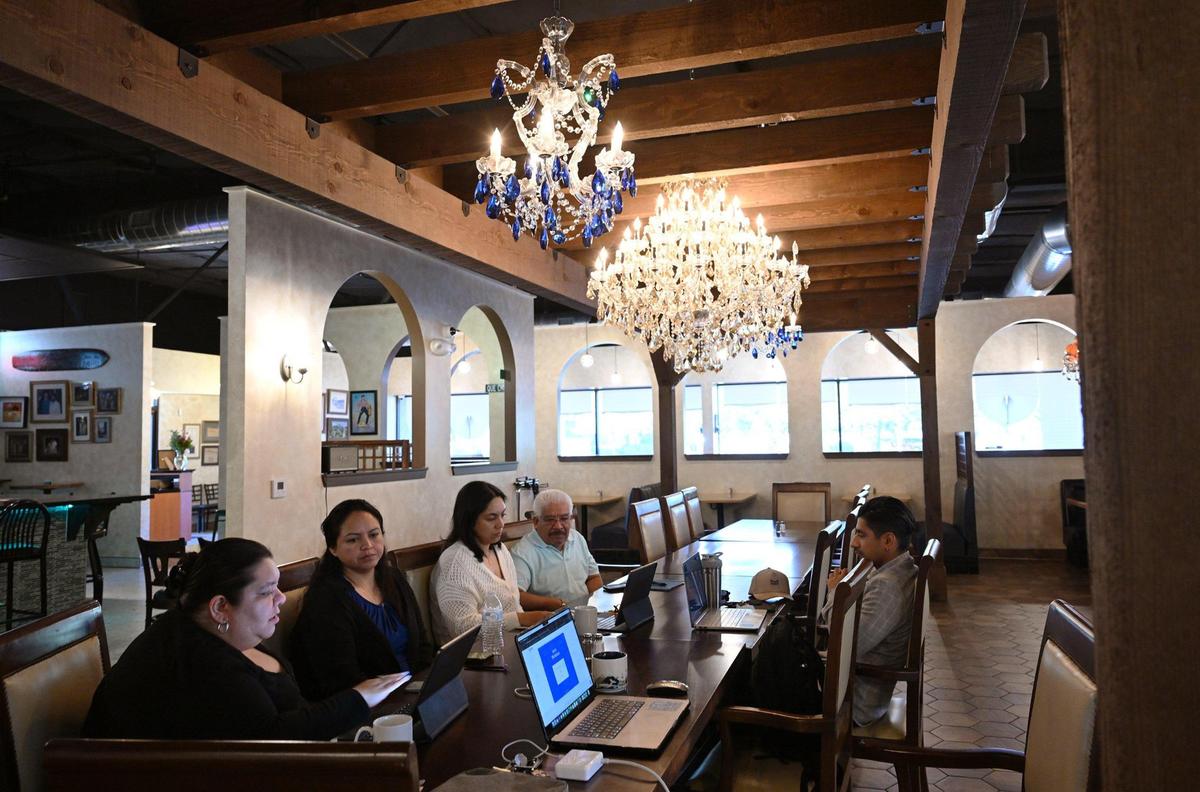The big table under pergola at the new Toledo’s Mexican Restaurant can host large gatherings, or management meetings, as pictured here, on Tuesday, April 22, 2025 in Fresno.