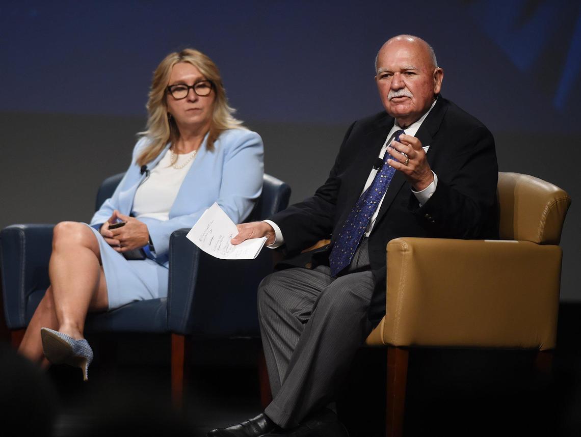 Former University of California Board of Regents member Fred Ruiz, right, answers an audience member’s question with Fresno City College President Dr. Carole Goldsmith to the left at The Fresno Bee’s California Priorities: Focus on Education summit held at Fresno State’s Satellite Student Union Wednesday, Sept, 2019 in Fresno.