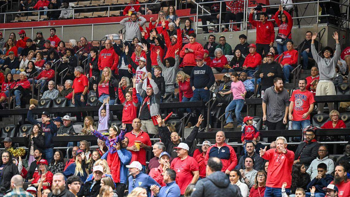 Members of the crowd cheer on Fresno State during their non-conference game against CSU Bakersfield at Selland Arena in downtown Fresno for the “Return to Selland” game on Sunday, Nov. 30, 2025.