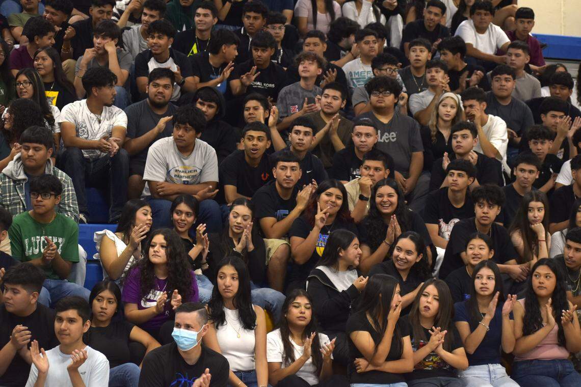 Students fill the seats in the Parlier High School gym to capacity Aug. 29, 2024, for a speech by Katya Echazarreta, the first Mexican-born woman ever to fly to space.